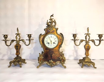 19th Century Cartel Vernis Martin Hand-Painted / France / Louis XV Style / Antique Mantel Clock / Free Shipping