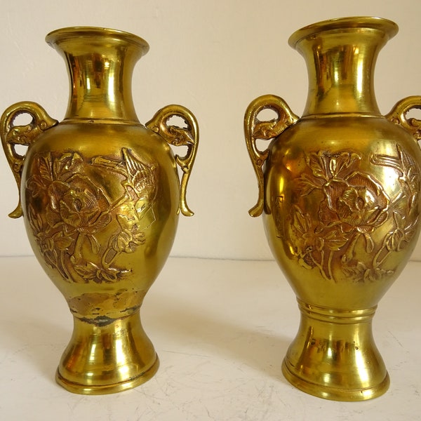 Paire de Vases Bronze Doré Ancien / Japon 19ème siècle / Epoque Meiji