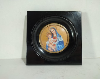 19th Century Miniature Painting of the Virgin and Child / France / Hand-Painted Painting of Mary / Free Shipping