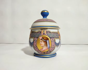 19th Century Covered Porcelain Pot from Paris / France / Matte Blue and Gold Biscuit Vase / Free Shipping