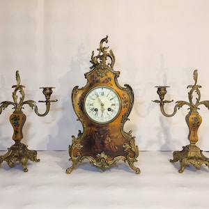 19th Century Martin Vernis Hand Painted Cartel Clock / France / Louis XV Style / Antique Mantelpiece Fittings / Free Shipping
