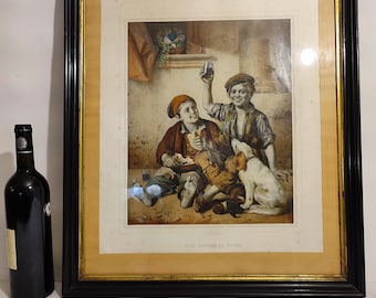 19th Century Antique Lithograph Children Boho / Hornung and Leon Christmas / French Castle Decoration