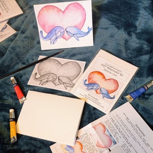 DIY Aquarell Karten Kit, Wale und Herz, digitaler Download, tolles Geschenk für Kunstliebhaber