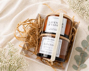 Handgjort lavendel-vanilj spa-set: Kroppslack och ljus presentinslagna