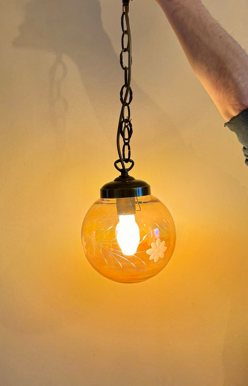 Vintage engraved glass pendant light image 5