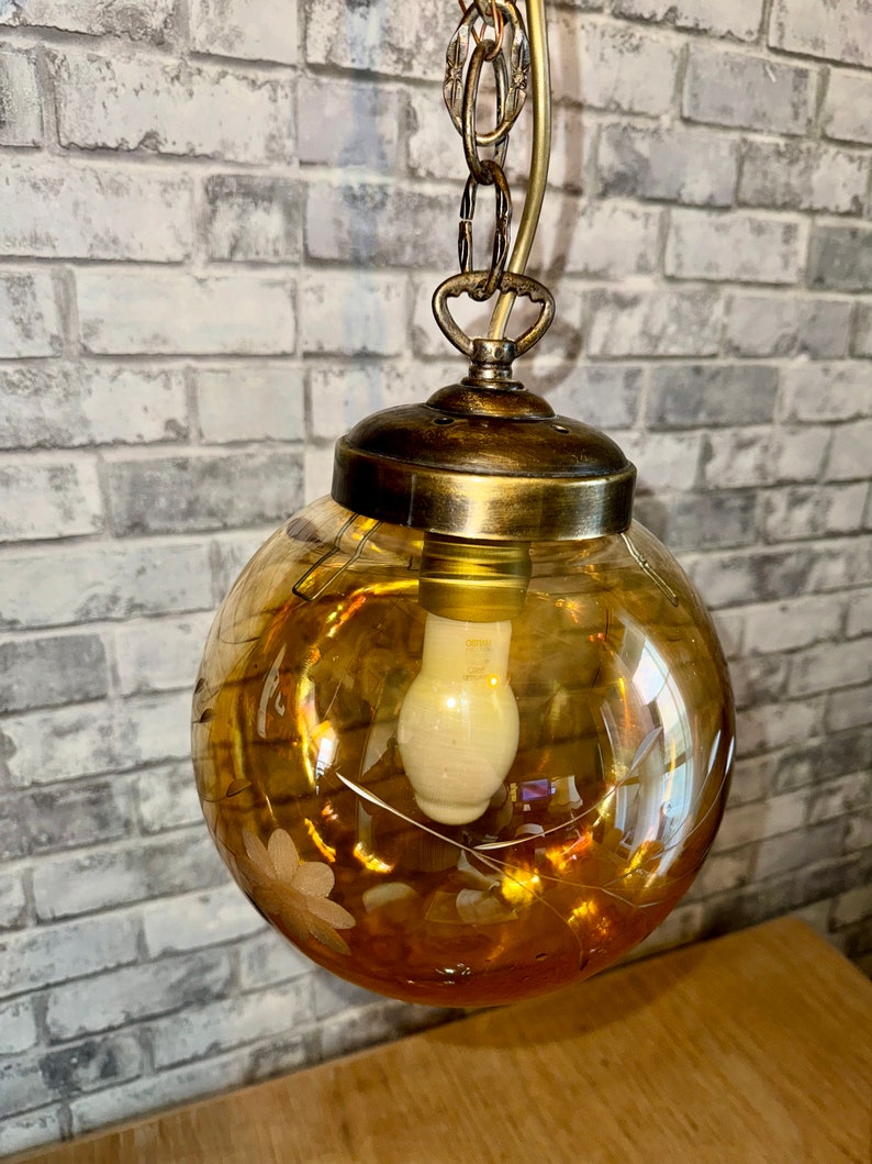 Vintage engraved glass pendant light image 1