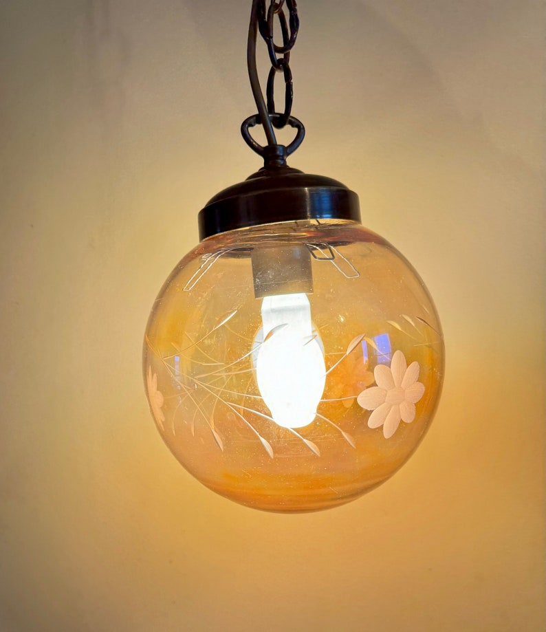 Vintage engraved glass pendant light image 6