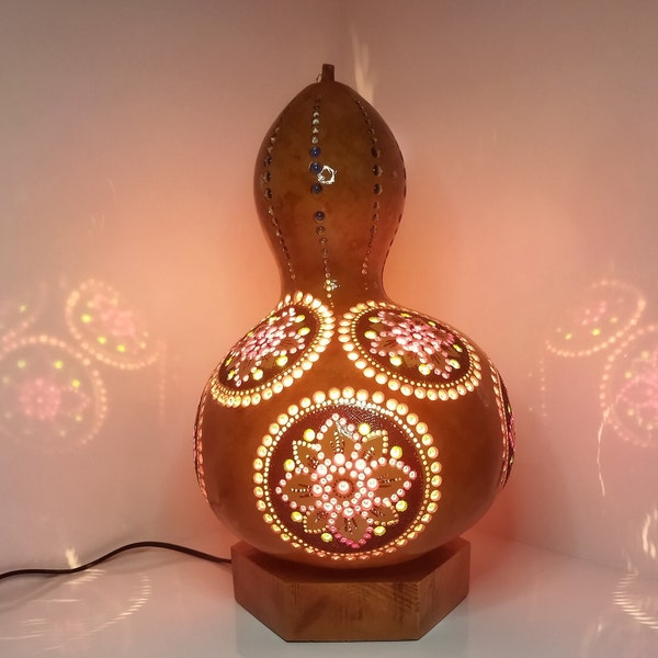 Gourd Art, Gourd Lamp Base, Souvenirs for home, Bedroom lamp shade, Desk lampshade, Ink Dyed Gourd lamp, Bottle Shape Gourd Lamp