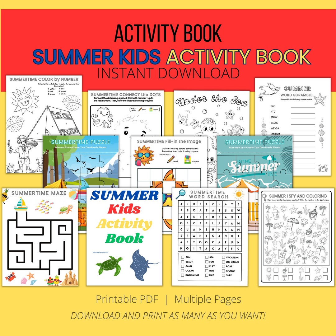 Summer Kids Activity Book: Printable Fun Activity Coloring Pages for ...
