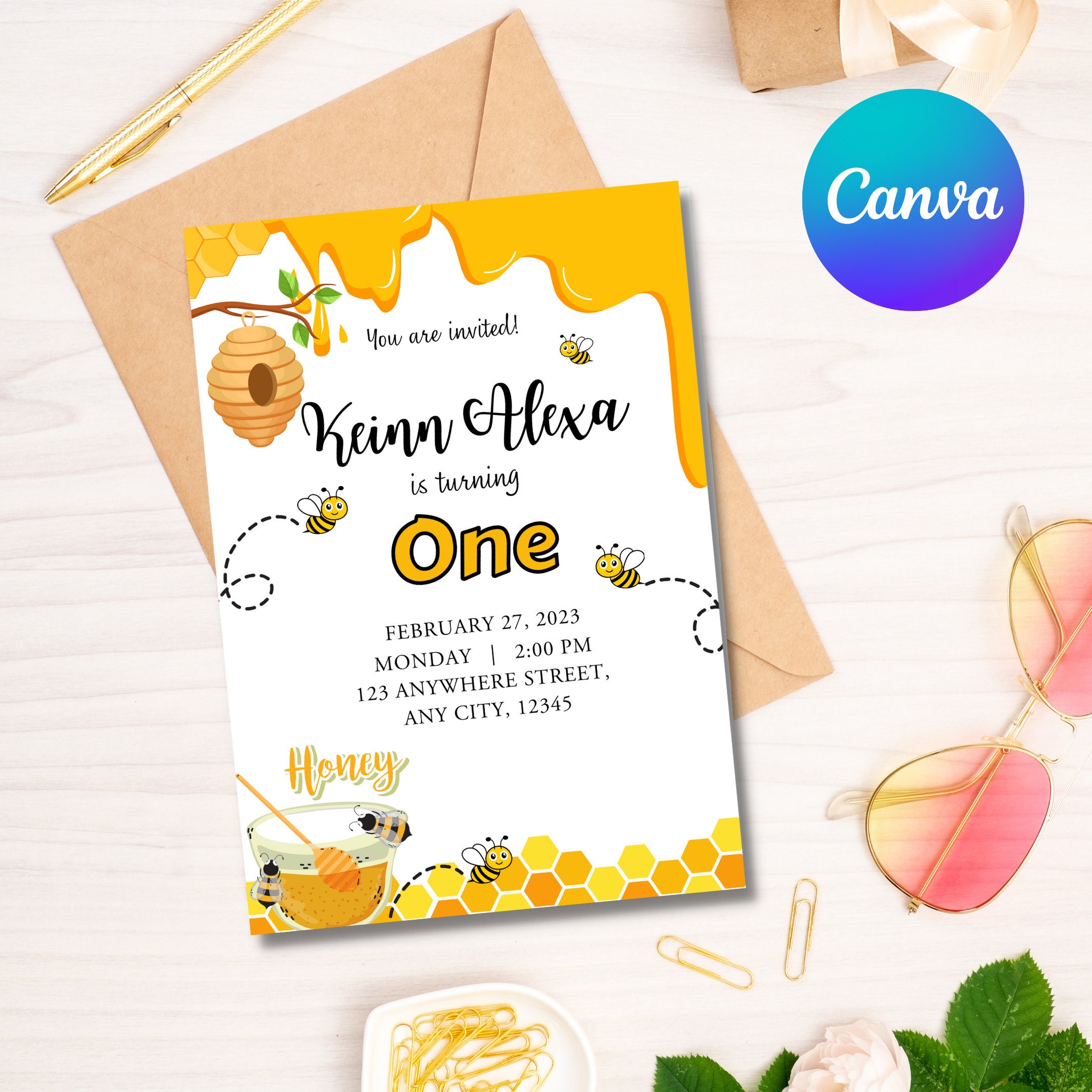 Birthday Invitation Editable Canva Template Bee Theme Birthday Occasion Userfriendly Customizable and affordable editable