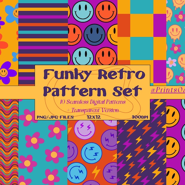 Funky Retro Design, Digital Paper, Seamless Pattern, Cute Happy Faces Design, Flower Background, Retro Sublimation