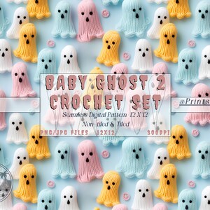 May include: A digital pattern featuring a seamless repeat of crocheted baby ghosts in various colours, including white, pink, blue, and yellow. The pattern is 12 inches by 12 inches and is available in PNG and JPG formats at 300 DPI. The text "BABY GHOST 2 CROCHET SET @PrintsOasis" is included in the image.