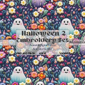 May include: A seamless digital pattern featuring white ghosts with smiling faces surrounded by colorful embroidered flowers on a dark purple background. The text "Halloween 2 Embroidery Set" is overlaid on the pattern. The pattern is 12x12 inches and 300 DPI.