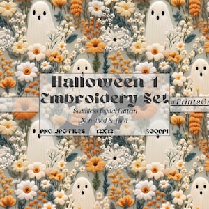 Peut inclure: Un motif numérique sans couture représentant des fantômes blancs et des fleurs orange et blanches sur un fond bleu clair. Le motif est intitulé "Halloween 1 Embroidery Set" et est disponible en fichiers PNG et JPG, 12x12 pouces, 300 DPI.