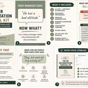 May include: A digital HR documentation survival kit featuring 54 professional templates for difficult employee situations. The set includes guides on transforming messy manager notes into formal documentation, say this not that examples, and templates.