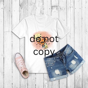 May include: White t-shirt with a pink and orange watercolor design of a house with bats flying around it. The text "do not copy" is printed on the shirt.