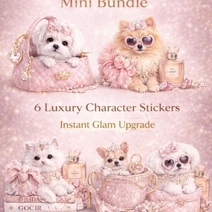 May include: A digital art image featuring several small dogs and cats adorned with accessories. The image includes text that reads "Couture Pets Mini Bundle" and "6 Luxury Character Stickers Instant Glam Upgrade". The Etsy Shop Now button is visible.