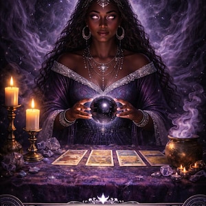 May include: Digital art of a woman in a purple dress, holding a crystal ball. The image features candles, tarot cards, and the text "THE SHADOWSEER". The background is a dark, mystical scene.