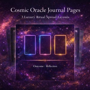 May include: Cosmic Oracle Journal Pages with three luxury ritual spread layouts. The image features three rectangular cards with neon borders in purple, blue, and orange, set against a cosmic background with the words "Outcome / Reflection".