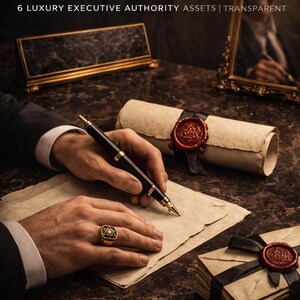 Può includere: Immagine con una penna nera e oro su pergamena. Un anello d'oro con un design geometrico è su un dito. Pergamena arrotolata con sigillo di cera rosso e una pila di buste con nastro nero e sigilli di cera. Testo: "CEO CONJURE INFLUENCE PNG BUNDLE".