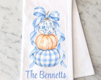 Personalized Chinoiserie Pumpkin Tea Towel, Fall Preppy Gingham Fall Kitchen Decor, Watercolor Blue and Orange Topiary Kitchen Towel