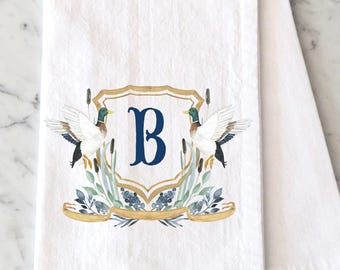 Watercolor Mallard Duck Flour Sack Towel, Southern Duck Hunting Decor, Personalized Mallard Family Crest, Hunting Kitchen Towel