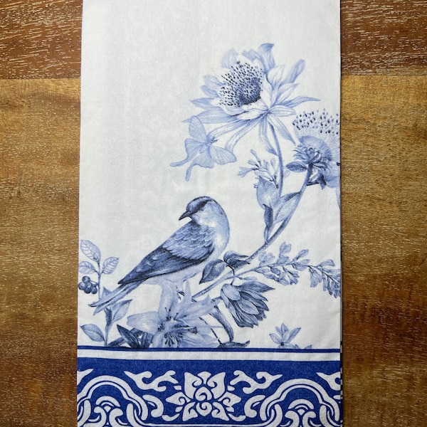 Decoupage Paper Napkins - Set of 3 Dinner Guest - Blue and White Bird, Floral, Chinoiserie