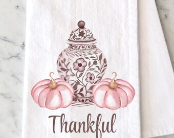 Personalized Fall Chinoiserie Tea Towel, Watercolor Autumn Kitchen Flour Sack Towel, Pink Pumpkin Decor