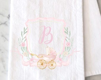 Personalized Baby Crest Tea Towel, Custom Baby Shower Kitchen Decor, Watercolor Baby Shower Gift, Gender Reveal Gift,  Baby Shower Gift