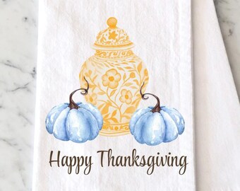 Watercolor Fall Kitchen Tea Towel, Personalized Autumn Blue Pumpkins, Ginger Jar Kitchen Decor