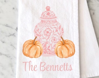 Personalized Chinoiserie Ginger Jar Flour Sack Towel, Watercolor Fall Pumpkin Kitchen Towel, Pink Chinoiserie Ginger Jar Tea Towel