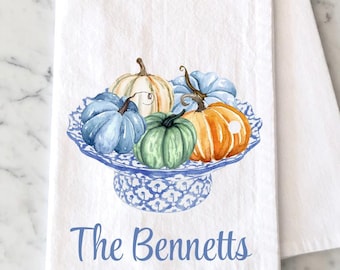 Personalized Chinoiserie Pumpkin Tea Towel, Watercolor Autumn Flour Sack Towel, Fall Pumpkin Kitchen Towel