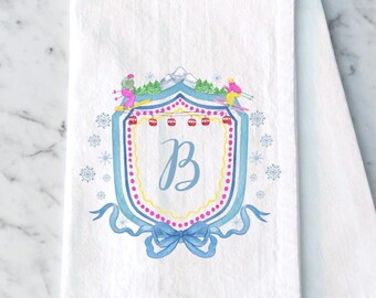 Personalized Ski Crest Tea Towel, Watercolor Winter Ski Kitchen Towel, Family Crest Ski Flour Sack Towel