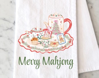 Mahjong Christmas Tea Towel,  Watercolor Mahjong Kitchen Decor, Merry Mahjong Kitchen Towel, Mahjong Gift, Coffee and Mahjong
