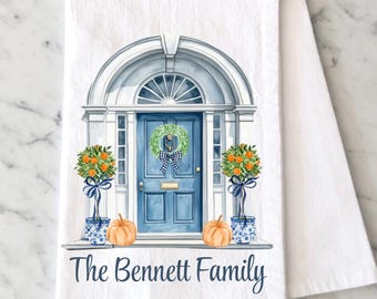 Watercolor Front Door Pumpkin Tea Towel: Personalized Autumn Kitchen Decor, New House Flour Sack Towel