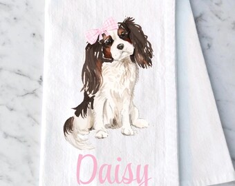Personalized King Charles Spaniel Tea Towel , Tricolor Watercolor Cavalier Tea Towel, Pet Portrait Gift, Custom King Charles Spaniel Gift