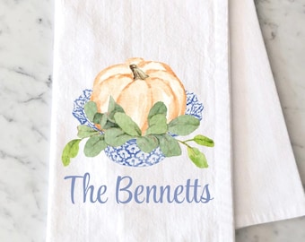 Personalized Pumpkin Flour Sack Towel: Watercolor Fall Kitchen Flour Sack Towel, Fall Decor