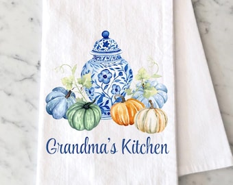 Personalized Chinoiserie Pumpkin Tea Towel, Watercolor Autumn Ginger Jar Flour Sack Towel, Fall Pumpkin Kitchen Towel