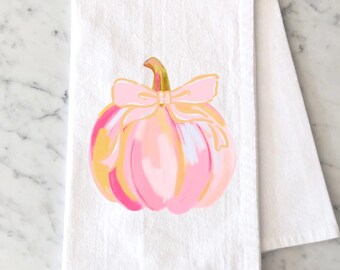 Custom Pink Pumpkin Kitchen Tea Towel, Preppy Fall Decor, Personalized Pink Kitchen Decor