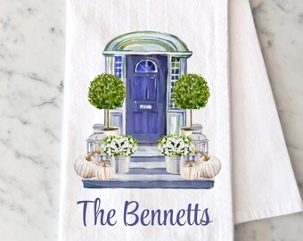 Personalized Front Door Tea Towel, Watercolor Topiary House Kitchen Towel, White Fall Pumpkin Flour Sack Towel