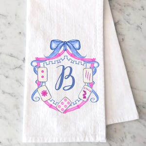 Personalized Mahjong Crest Tea Towel: Watercolor Kitchen Decor