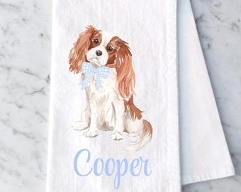 Personalized King Charles Spaniel Tea Towel, Ruby Cavalier Pet Portrait Flour Sack Towel,   Watercolor King Charles Kitchen Towel
