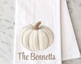 White Pumpkin Farmhouse Flour Sack Towel, Personalized Pumpkin Tea Towel, Watercolor White Pumpkin Fall Kitchen Towel