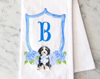 Personalized Bernedoodle Tea Towel, Watercolor Crest Monogram with Dog,  Doodle Flour Sack Towel, Bernedoodle Gift