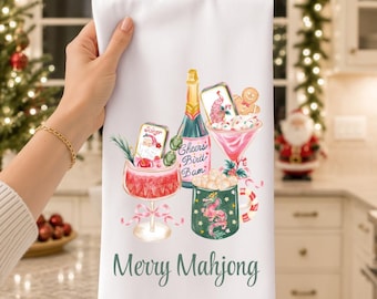 Christmas Mahjong Tea Towel, Watercolor Mahjong Kitchen Decor, Christmas Mahjong Cocktails Flour Sack Towel