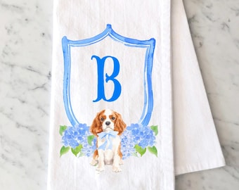 Personalized Cavalier King Charles Spaniel Tea Towel: Watercolor Crest Monogram with Dog, King Charles Flour Sack Towel