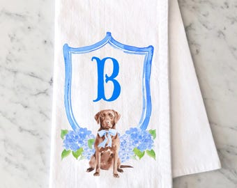 Personalized Chocolate Lab Flour Sack Towel: Watercolor Crest Monogram, Hydrangea Kitchen Towel, Brown Labrador Retriever
