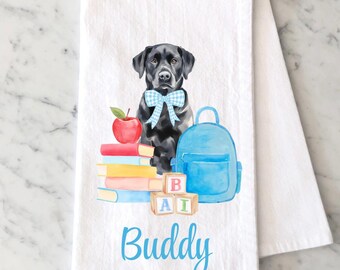 Personalized Black Lab Tea Towel, Back To School Teacher Gift, Watercolor Pet Portrait, Black Labrador Retriever  Kitchen Towel
