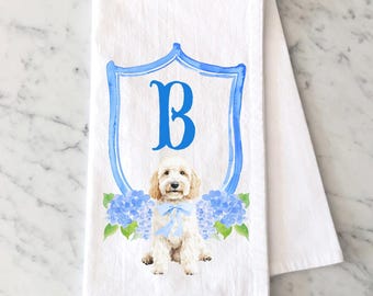 Personalized White Golden Doodle Flour Sack Towel: Watercolor Crest Monogram with Dog, Hydrangea Crest with Dog, Fishtail Monogram