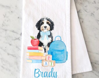 Custom Bernedoodle Flour Sack Towel: Watercolor Pet Portrait Tea Towel, Dog Mom, Dog Dad, Bernedoodle Kitchen Towel Gift,